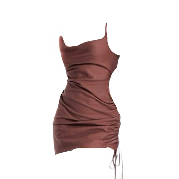 NWT ASOS Design Cowl Neck Beach Mini Dress “Brown” Ruched Tie Side Low Back Sz 0 - Picture 3 of 15